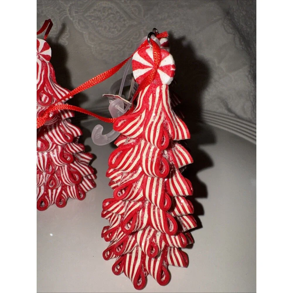 3 Christmas Ribbon Peppermint Tree Ornament Candy Cane Striped  Red White 4”